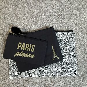 3-Pack Paris Travel Cosmetic Bag Set – “Paris Please” Black & Lace Design